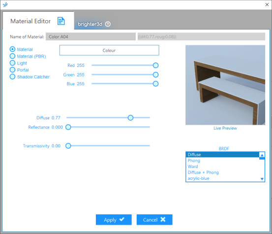 brighter3d material editor window